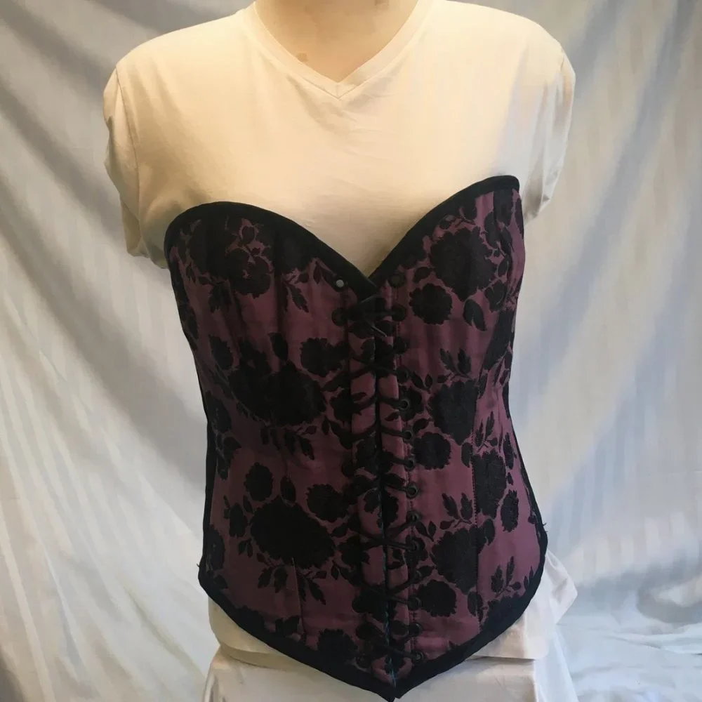 Brocade Reversible Blue Purple Steel Boned Waist Training Shaper Corset Sz Lg - Picture 5 of 16